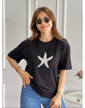 İNCİ İŞLEME DENİZYILDIZI SİYAH TSHİRT 