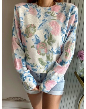 MAVİ PEMBE ÇİÇEK DESENLİ KAZAK