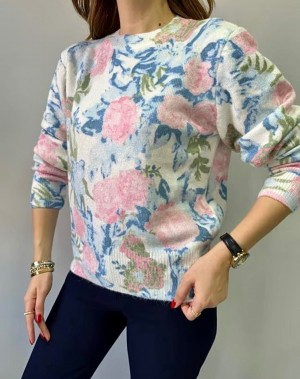 MAVİ PEMBE ÇİÇEK DESENLİ KAZAK