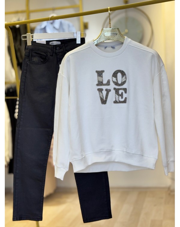 Orijinal Marka Love Taş İşleme Üç İplik Beyaz Sweatshirt