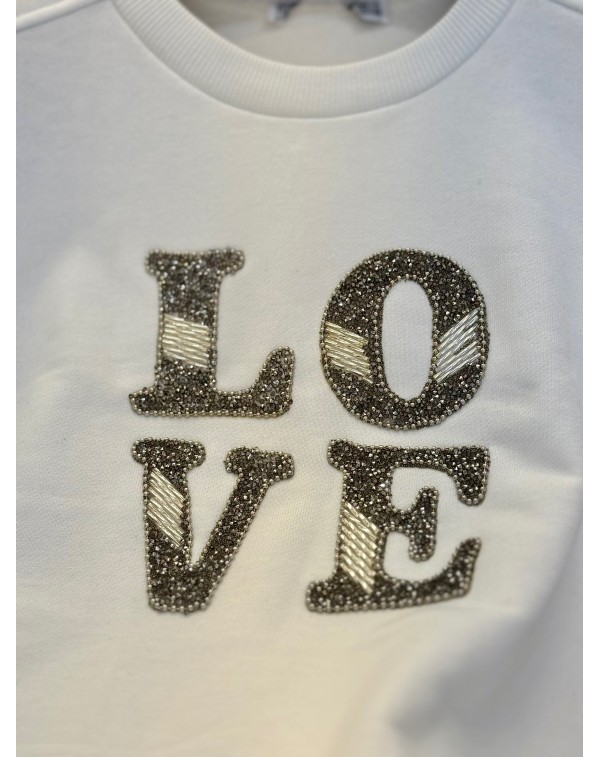 Orijinal Marka Love Taş İşleme Üç İplik Beyaz Sweatshirt