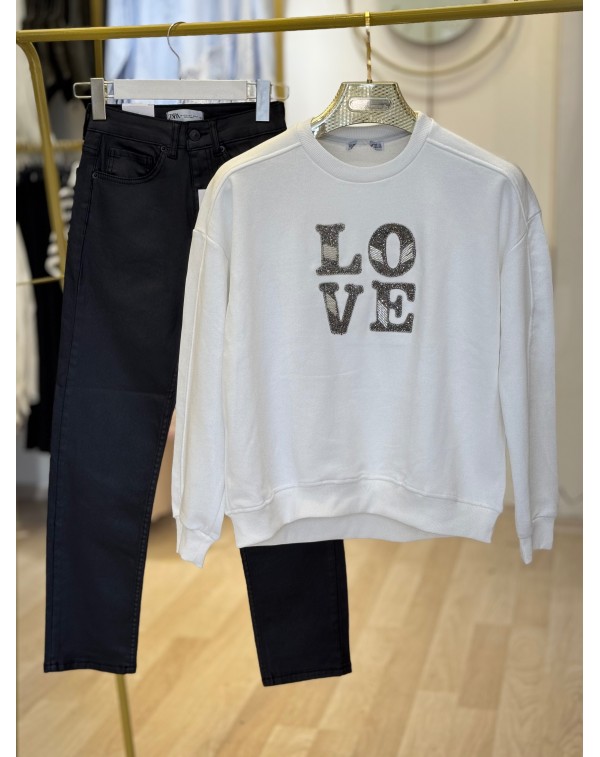 Orijinal Marka Love Taş İşleme Üç İplik Beyaz Sweatshirt