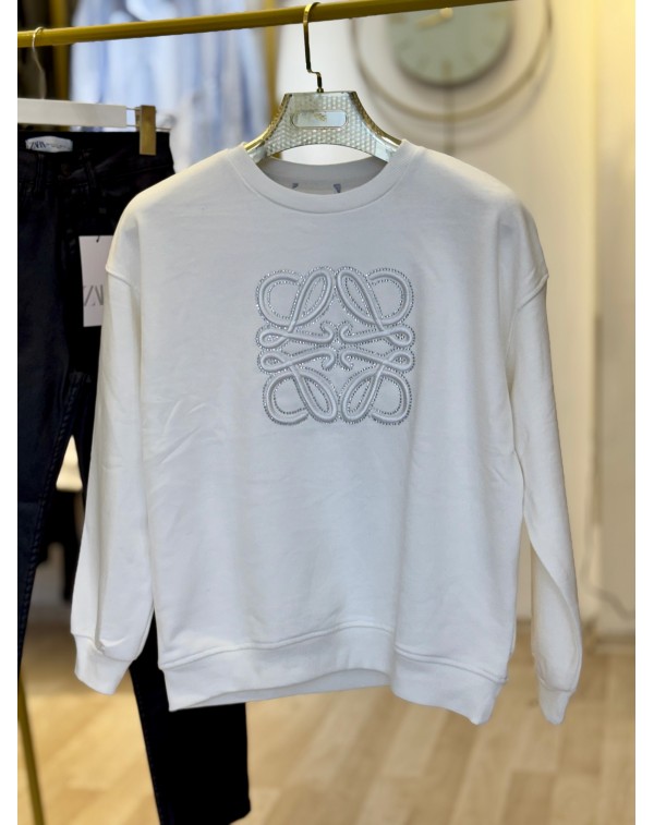 Orijinal Marka Taş Detaylı Üç İplik Beyaz Sweatshirt