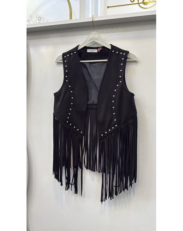 Püsküllü Nubuk Yelek Siyah