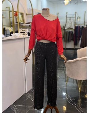 Beli Lastikli İçi Astarlı Pulpayetli Pantolon Siyah 