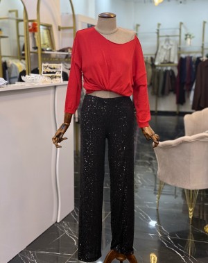 Beli Lastikli İçi Astarlı Pulpayetli Pantolon Siyah 