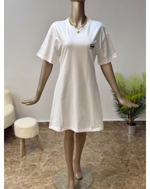 Bisiklet Yaka Kısa Kollu Tok Penye Elbise Beyaz 