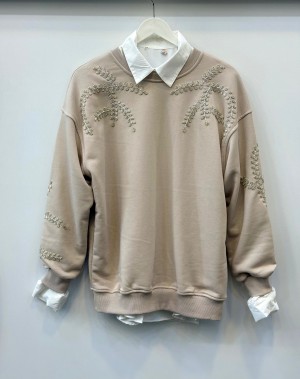 Boncuk İşleme Üç İplik Sweatshirt Bej