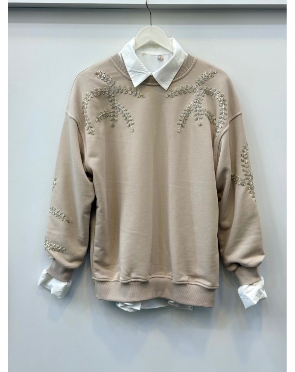 Boncuk İşleme Üç İplik Sweatshirt Bej