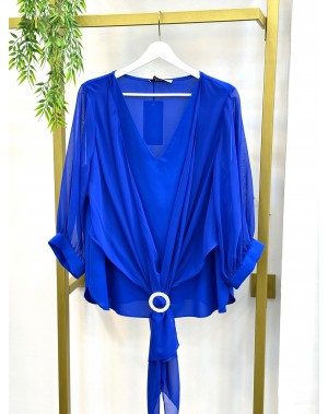 Büyük Beden Önden Taşlı Tokalı Şifon Bluz Saks Mavi