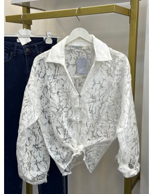 Dantel Motifli Romantik Tasarım Gömlek Beyaz