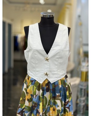 Deniz Yıldızı Düğmeli %100 Pamuklu İnce Jean Yelek Ekru