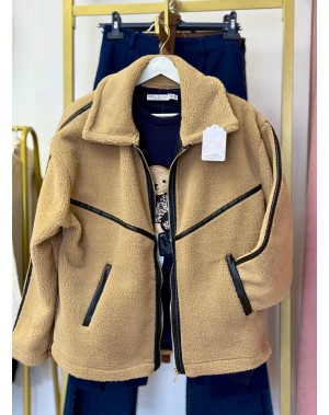 Deri Biyeli Fermuarlı Teddy Mont Camel