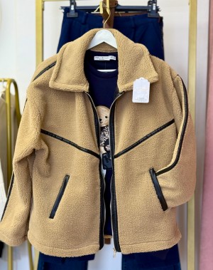 Deri Biyeli Fermuarlı Teddy Mont Camel Deri Biyeli Fermuarlı Teddy Mont Camel