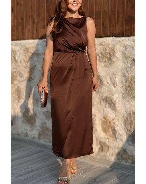 Drapeli Saten Elbise Kahverengi 