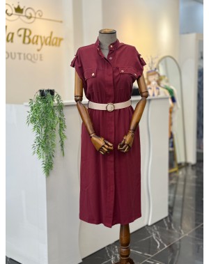 Gold Düğme Detaylı Önden Düğmeli Kemerli Bordo Elbise 