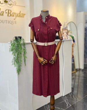Gold Düğme Detaylı Önden Düğmeli Kemerli Bordo Elbise  Gold Düğme Detaylı Önden Düğmeli Kemerli Bordo Elbise