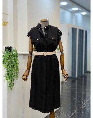 Gold Düğme Detaylı Önden Düğmeli Kemerli Siyah Elbise 