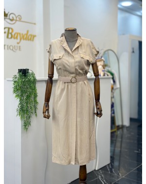 Gold Düğme Detaylı Önden Düğmeli Kemerli Taş Rengi Elbise 