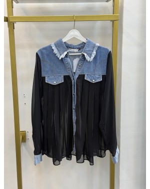 Kot Detaylı Şifon Gömlek Siyah 