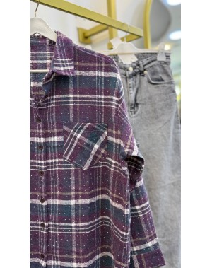 Taş Detaylı Yün Ekose Gömlek Mürdüm 