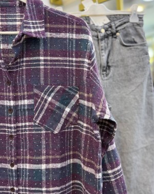 Taş Detaylı Yün Ekose Gömlek Mürdüm 