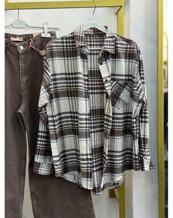 Taş Detaylı Yün Ekose Gömlek Kahve