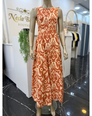 Premium Seri Kiremit Krem Desenli Maxi Elbise 