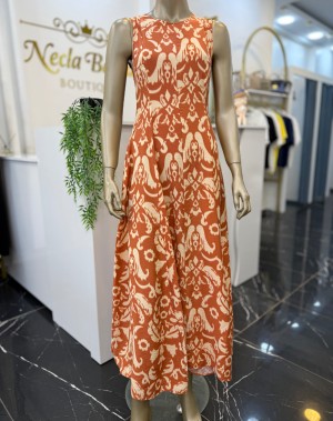 Premium Seri Kiremit Krem Desenli Maxi Elbise  Premium Seri Kiremit Krem Desenli Maxi Elbise