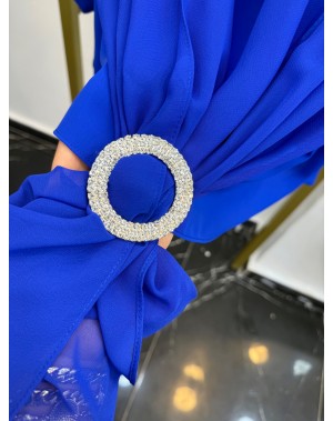 Büyük Beden Önden Taşlı Tokalı Şifon Bluz Saks Mavi