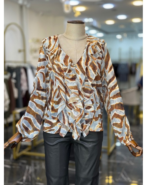 Önü Fırfırlı Gold Düğmeli Kahve Desenli Şifon Bluz