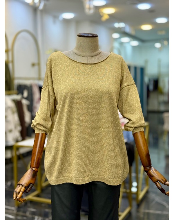 Simli Merserize Kayık Yaka Merserize Bluz Gold