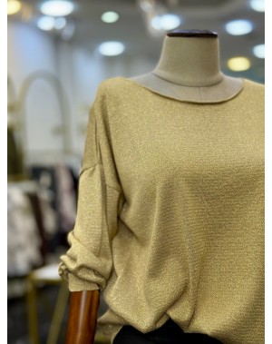 Simli Merserize Kayık Yaka Merserize Bluz Gold