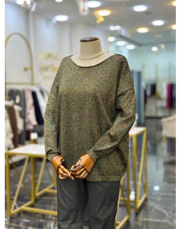 Simli Merserize Kayık Yaka Triko Bluz Siyah Gold