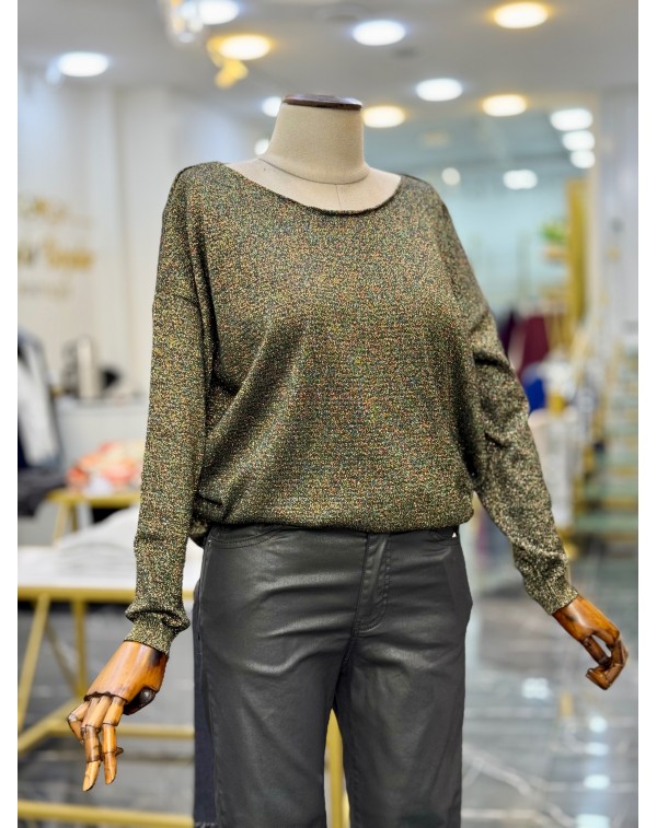 Simli Merserize Kayık Yaka Triko Bluz Siyah Gold