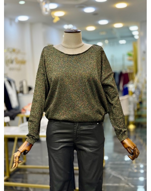 Simli Merserize Kayık Yaka Triko Bluz Siyah Gold