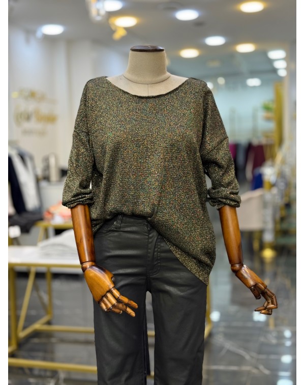 Simli Merserize Kayık Yaka Triko Bluz Siyah Gold