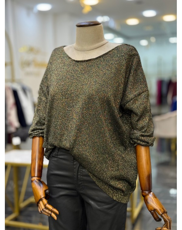 Simli Merserize Kayık Yaka Triko Bluz Siyah Gold