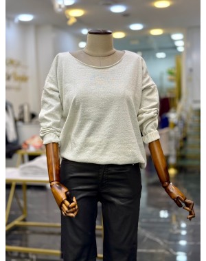 Simli Merserize Kayık Yaka Triko Bluz Gümüş Sim