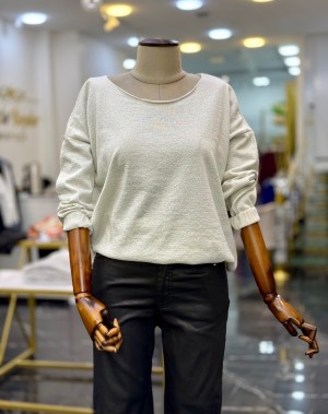 Simli Merserize Kayık Yaka Triko Bluz Gümüş Sim Simli Merserize Kayık Yaka Triko Bluz Gümüş Sim