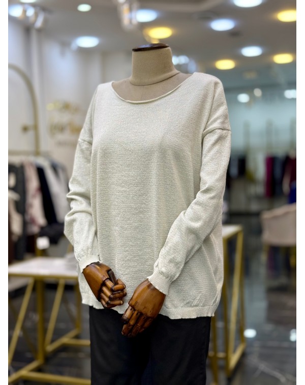 Simli Merserize Kayık Yaka Triko Bluz Gümüş Sim