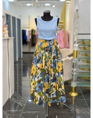 Çiçek Desenli Pamuk Poplin Maxi Boy Etek Mavi 