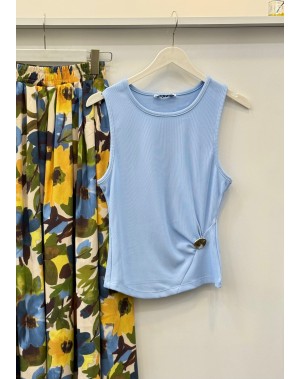 Gold Aksesuarlı Fitilli Ottoman Kumaş Pamuk Kolsuz Bluz Mavi 