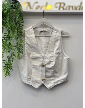 Deniz Yıldızı Düğmeli %100 Pamuklu İnce Jean Yelek Ekru