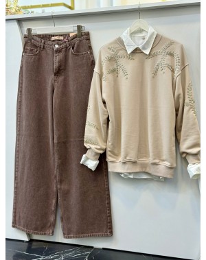 Boncuk İşleme Üç İplik Sweatshirt Bej Boncuk İşleme Üç İplik Sweatshirt Bej