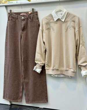 Boncuk İşleme Üç İplik Sweatshirt Bej Boncuk İşleme Üç İplik Sweatshirt Bej