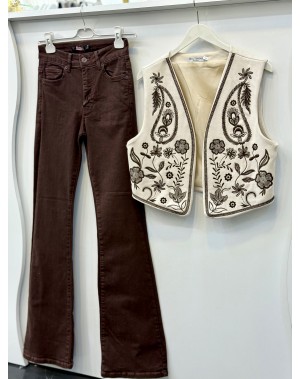 Nakışlı Nubuk Yelek Krem