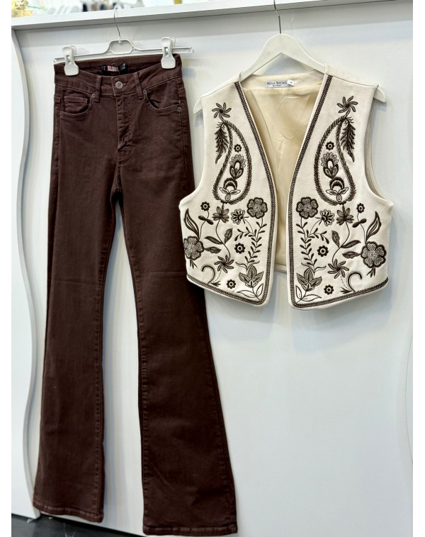 Nakışlı Nubuk Yelek Krem