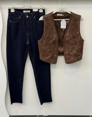 Nakışlı Nubuk Yelek Kahverengi 