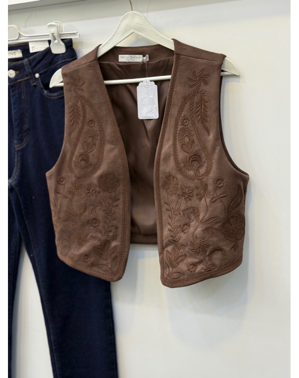 Nakışlı Nubuk Yelek Kahverengi